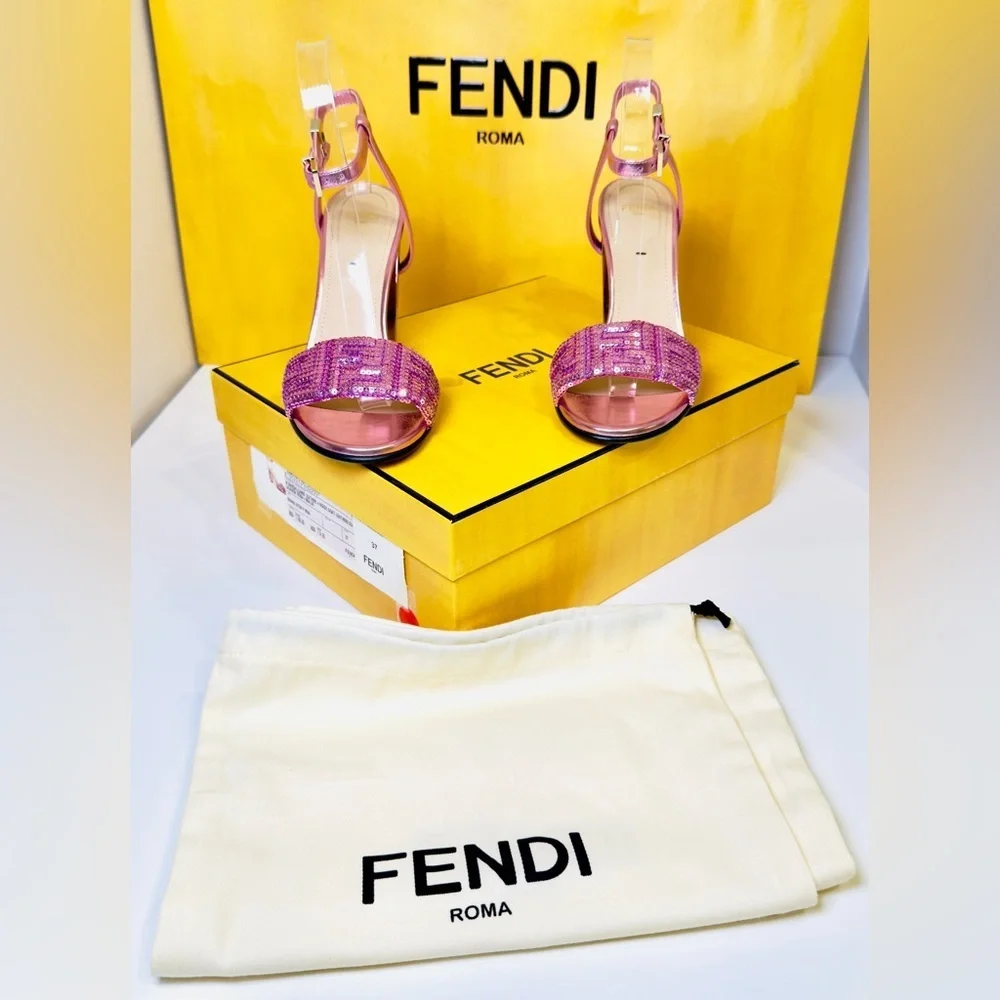 Fendi Delfina Heel Strap Sandals Pink Metallic Goat Leather FF Sequin Size 37 - Picture 15 of 16